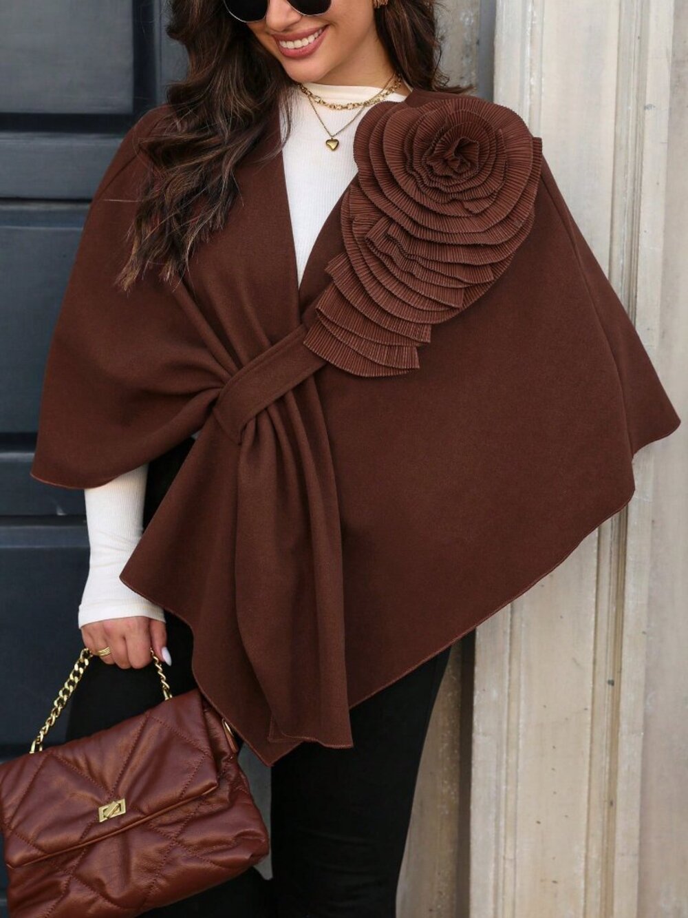 Brown Casual Women's Asymmetrical Hem Floral Decor Poncho Jacket - Picture 6 of 8